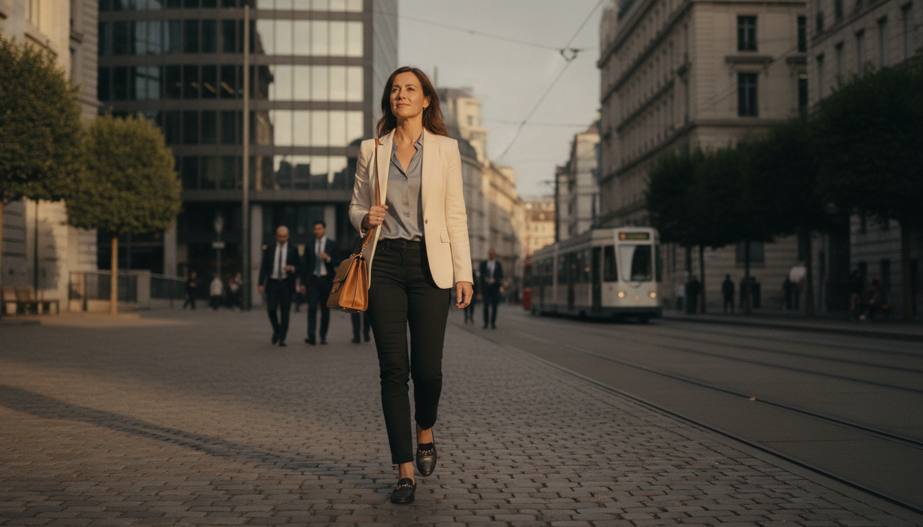 Selbstbewusste Frau spaziert durch das elegante Bankenviertel von Genf am Nachmittag