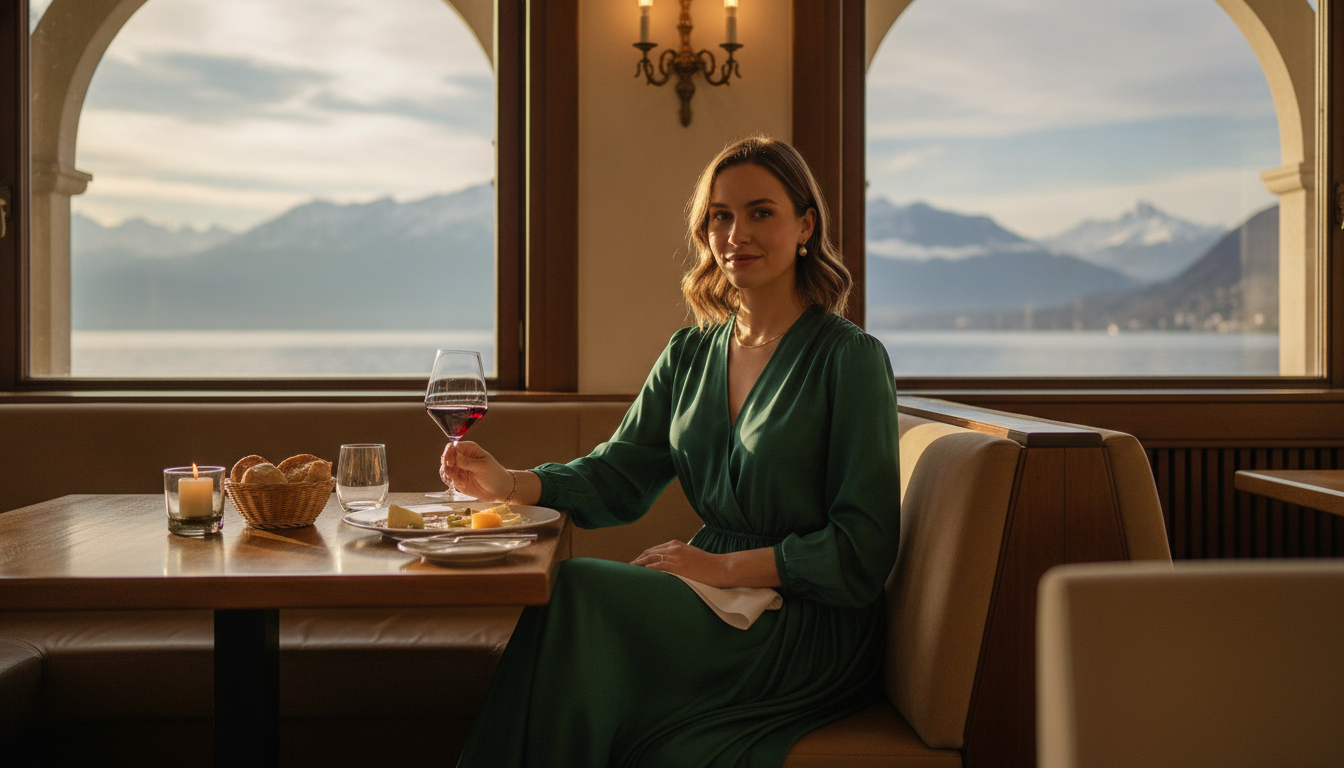 Elegante Frau sitzt in einem gehobenen Restaurant am Genfersee in Lausanne