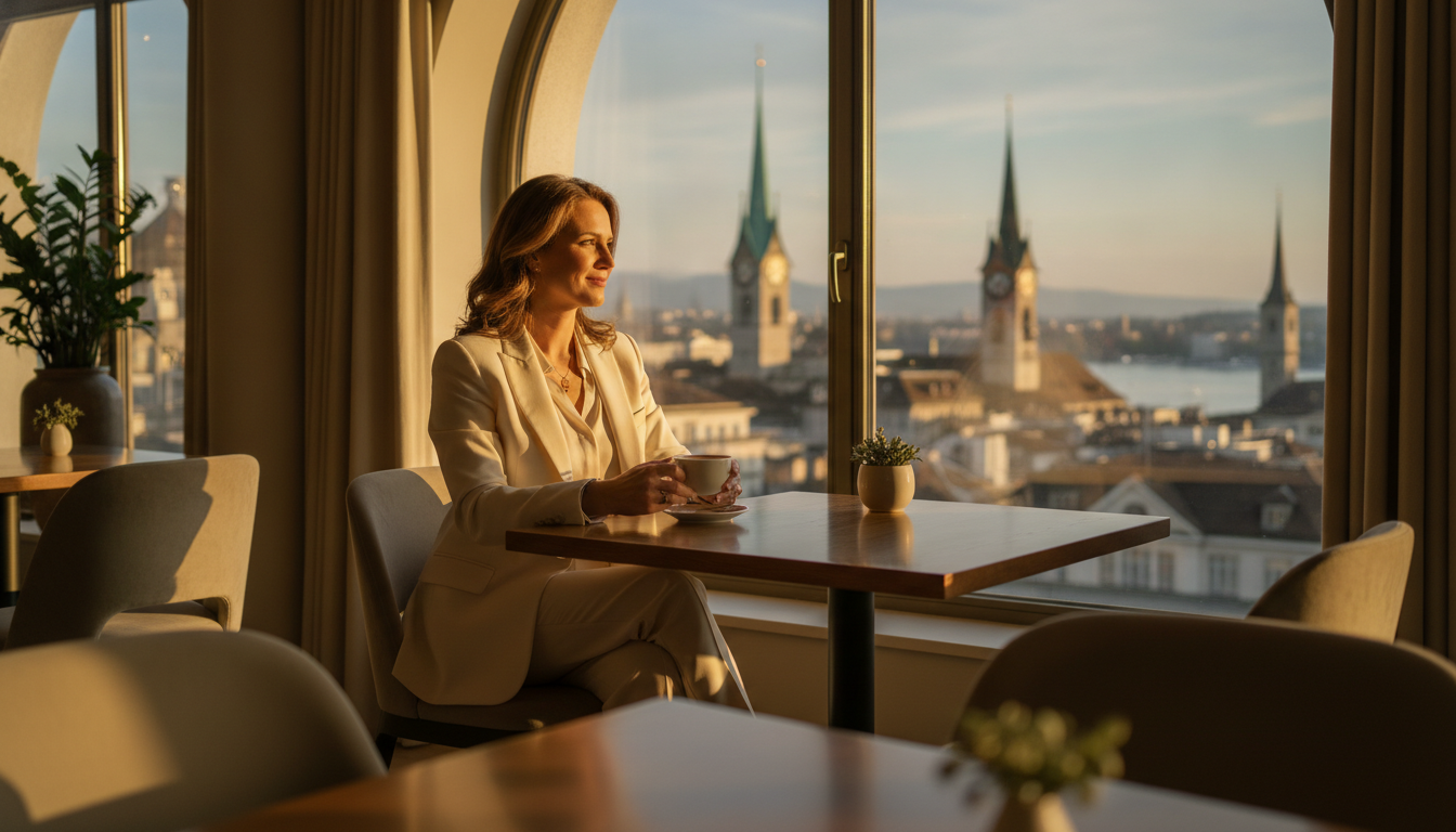 Selbstbewusste Frau geniesst Ausblick auf Zürich bei Planungsgespräch