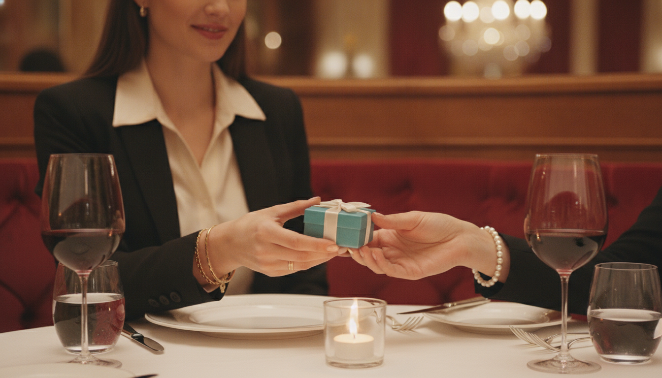 Übergabe eines eleganten Geschenks am gedeckten Restauranttisch