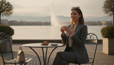 Stilvolle Frau geniesst Kaffee an der Rive Gauche mit Blick auf den Jet d'Eau in Genf