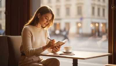 Stilvolle Frau notiert Gedanken zur Sugardating Allowance im Café